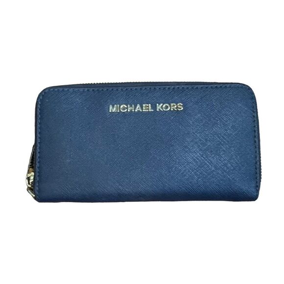 Michael Kors Jet Set Continental Wallet Navy Blue Leather Clutch Wristlet - Picture 1 of 9
